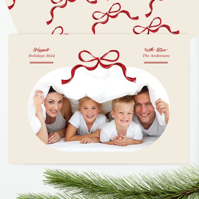 Modern Red Bow Oval Photo Happiest Holiday Card (Creator Uploaded)
