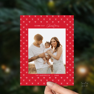Modern Red Bow Pattern Family Photo Christmas Postcard