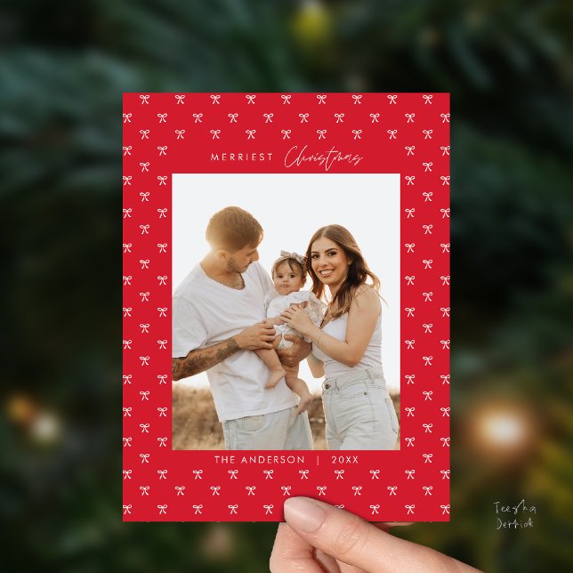Modern Red Bow Pattern Family Photo Christmas Postcard (Modern Red Bow Pattern Family Photo Christmas Postcard in Vintage theme)