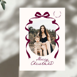 Modern Red Bow Photo Merry Christmas Arch Holiday Card