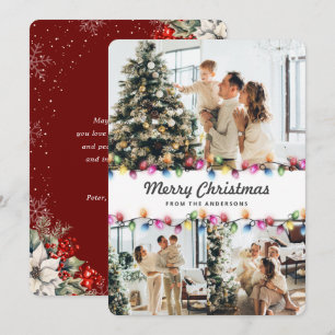 Modern Red Bright Christmas Lights Snow Photo Holiday Card