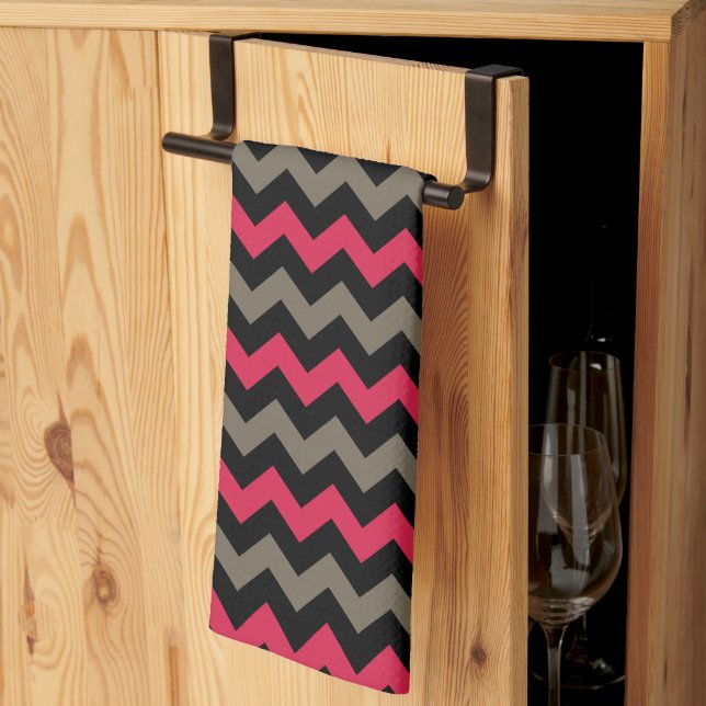 Modern Red Brown Black Chevron Pattern Tea Towel (Thirds Fold)