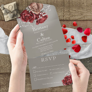 Modern Red & Brown Roses Floral Grey Dinner All In One Invitation