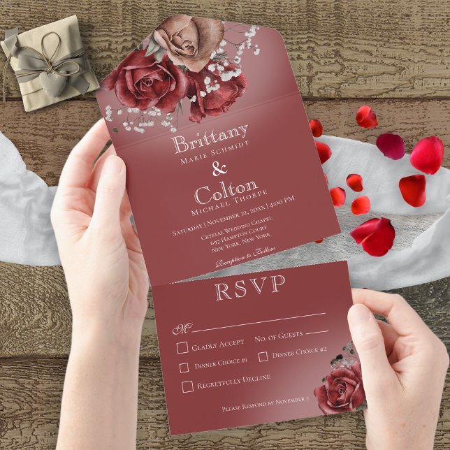 Modern Red & Brown Roses Floral Red Dinner All In One Invitation (Creator Uploaded)