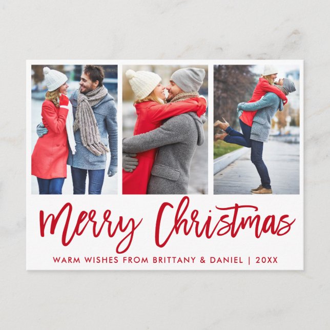 Modern Red Brush Script 3 Photo Couple Christmas Postcard (Front)