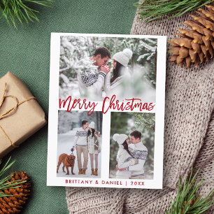 Modern Red Brush Script Merry Christmas Photo Postcard