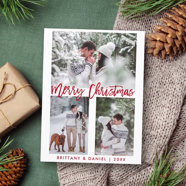Modern Red Brush Script Merry Christmas Photo Postcard (Customize to change your personalized text size or text style.)