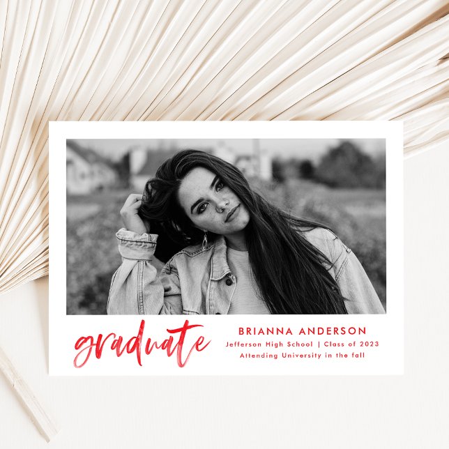 Modern Red Brush Script Photo Graduation Announcement (Creator Uploaded)