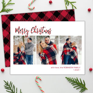 Modern Red Buffalo Plaid 3 Multi Photo Christmas Holiday Card