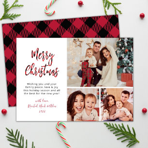 Modern Red Buffalo Plaid 3 Multi Photo Christmas Holiday Card