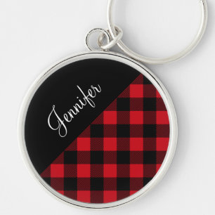 Modern Red Buffalo Plaid Check Pattern Name Key Ring