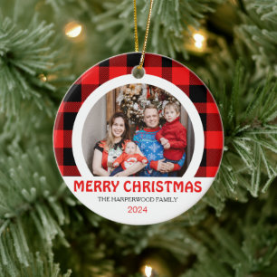 Modern Red Buffalo Plaid Christmas Family 1 Photo Ceramic Ornament