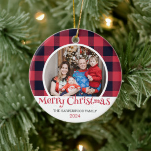 Modern Red Buffalo Plaid Christmas Family 2 Photo Ceramic Ornament