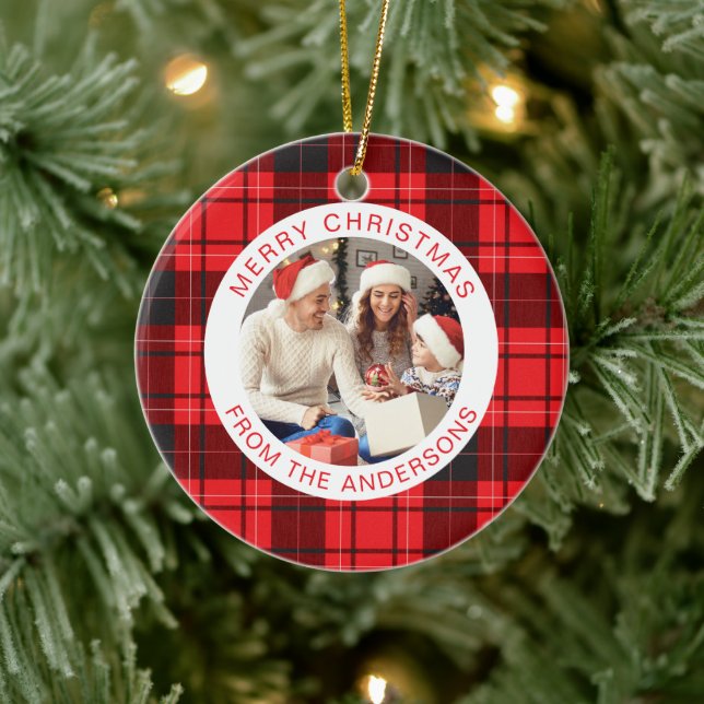 Modern Red Buffalo Plaid Christmas Family 2 Photo Ceramic Ornament (Tree)