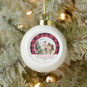 Modern Red Buffalo Plaid Christmas Family Photo Ceramic Ball Christmas Ornament