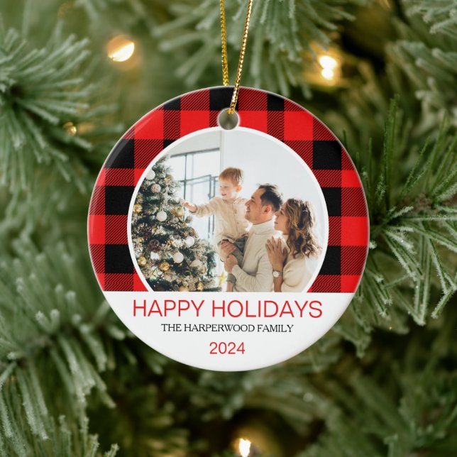Modern Red Buffalo Plaid Christmas Family Photo Ceramic Ornament (Tree)