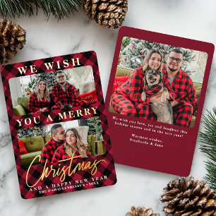 Modern Red Buffalo Plaid Christmas Photo Foil Holiday Card