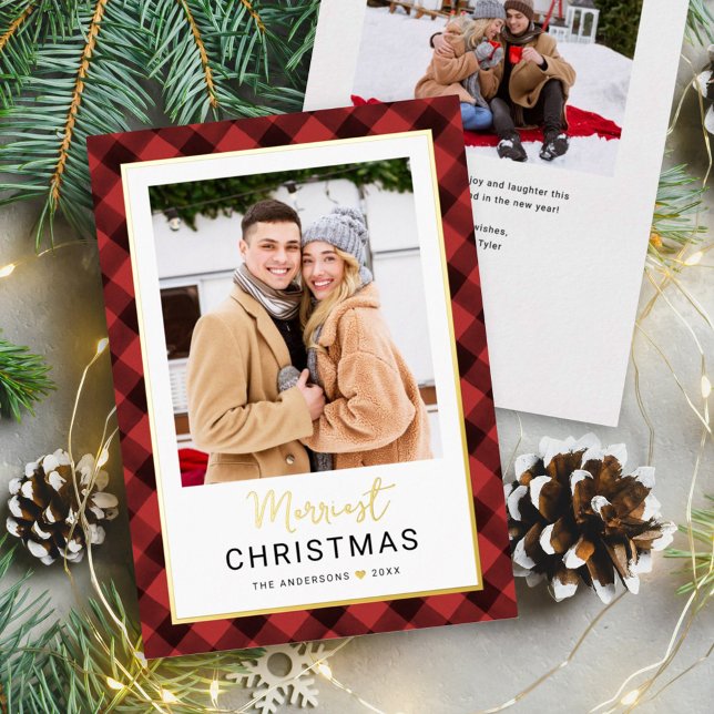 Modern Red Buffalo Plaid Christmas Photo Foil Holiday Card (Creator Uploaded)