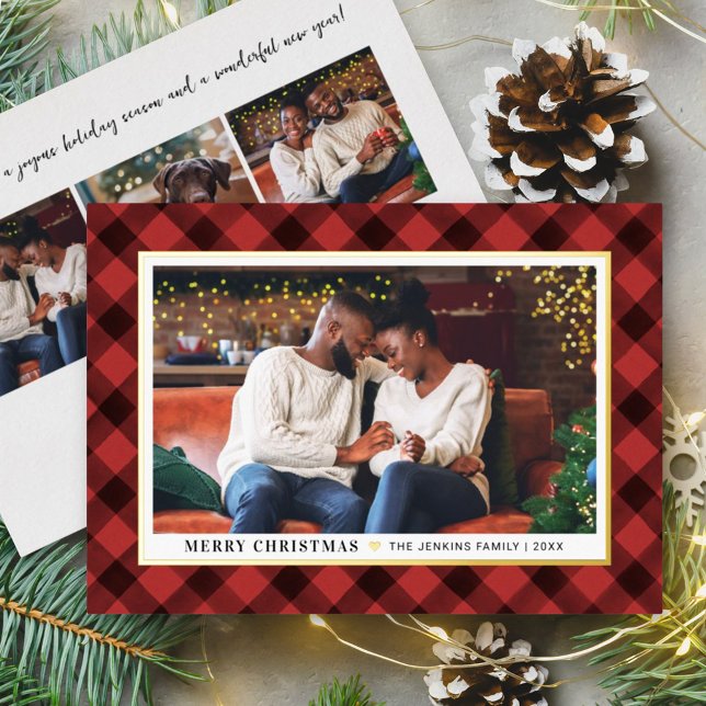 Modern Red Buffalo Plaid Christmas Photo Foil Holiday Card (Creator Uploaded)