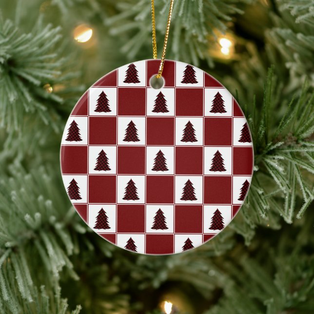 Modern Red Buffalo Plaid Christmas Tree Pattern Ceramic Ornament (Tree)