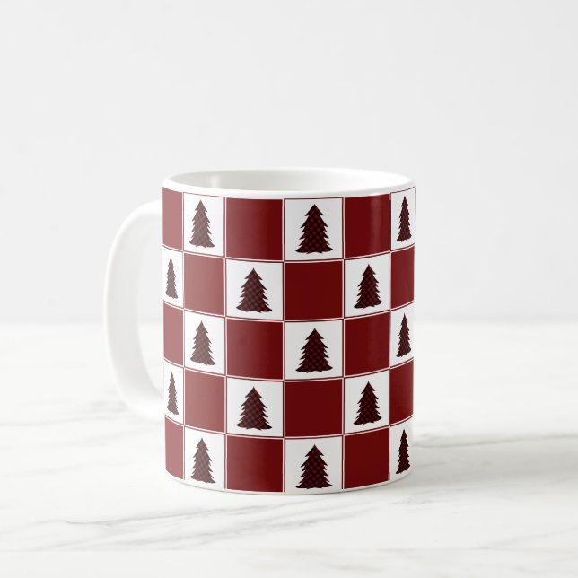 Modern Red Buffalo Plaid Christmas Tree Pattern Coffee Mug (Front Left)