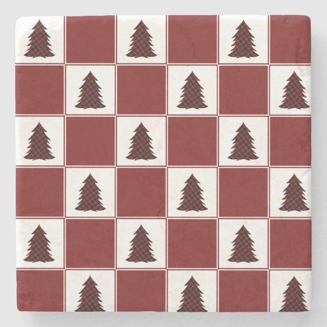 Modern Red Buffalo Plaid Christmas Tree Pattern Stone Coaster (Front)
