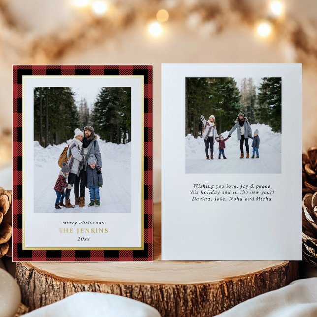 Modern Red Buffalo Plaid Christmas Two Photos Foil Holiday Card (Creator Uploaded)