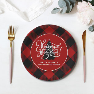 Modern Red Buffalo Plaid Farmhouse Christmas Paper Plate