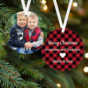 Modern Red Buffalo Plaid Grandparents Photo Ornament