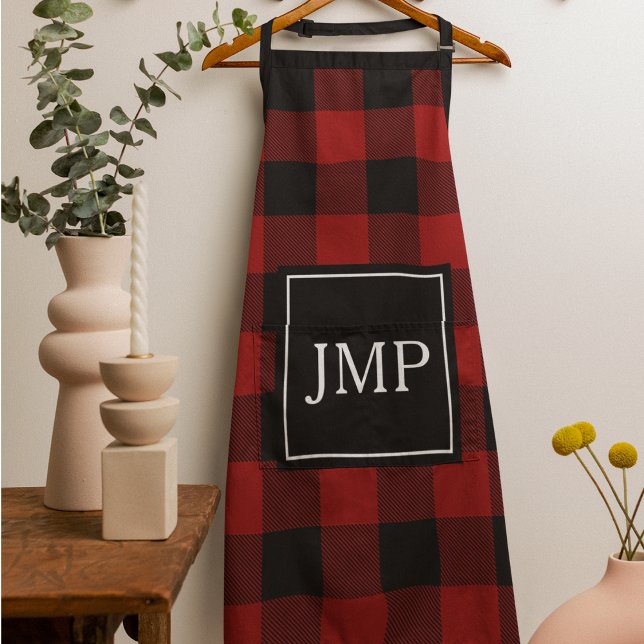 Modern Red Buffalo Plaid | Personal Initial  Apron (Creator Uploaded)