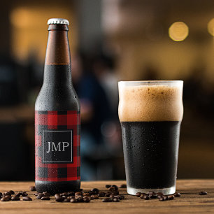 Modern Red Buffalo Plaid   Personal Initial  Beer Bottle Label