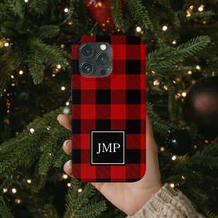 Modern Red Buffalo Plaid   Personal Initial  iPhone 13 Pro Case