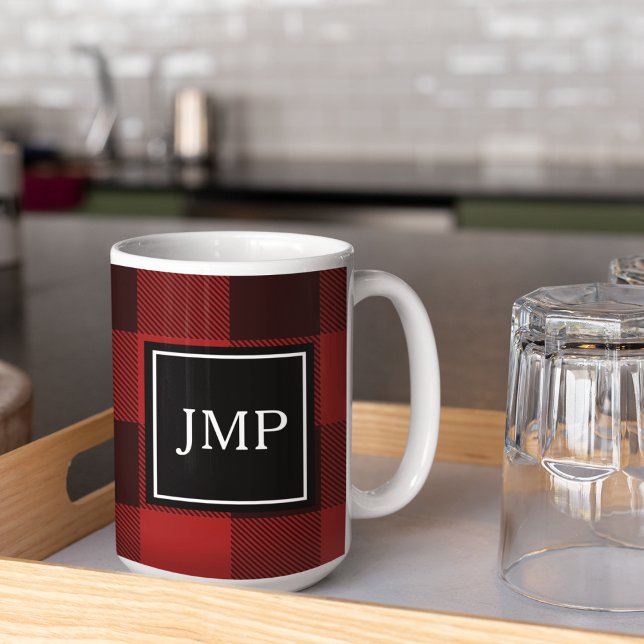 Modern Red Buffalo Plaid | Personal Initial  Coffee Mug (Creator Uploaded)