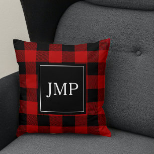 Modern Red Buffalo Plaid Personal Initial Cushion
