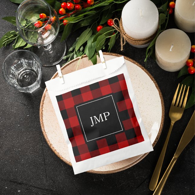 Modern Red Buffalo Plaid | Personal Initial  Favour Bag (Creator Uploaded)