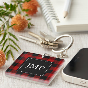 Modern Red Buffalo Plaid Personal Initial Key Ring