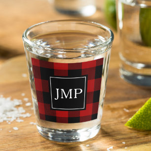 Modern Red Buffalo Plaid Personal Initial Shot Glass