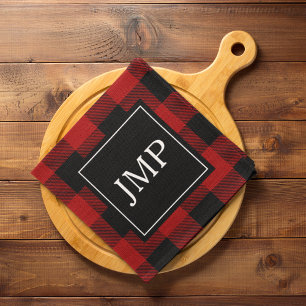Modern Red Buffalo Plaid Personal Initial Tea Towel