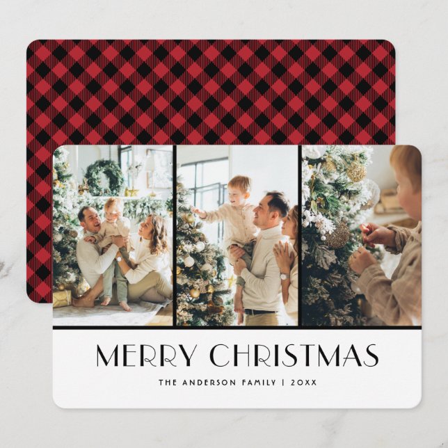 Modern Red Buffalo Plaid Photo Christmas Cards (Front/Back)
