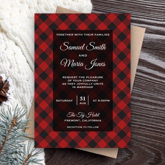 Modern Red Buffalo Plaid Wedding Invitation (Creator Uploaded)