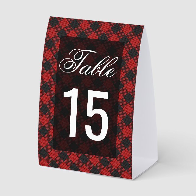 Modern Red Buffalo Plaid Wedding Table Number (Front)