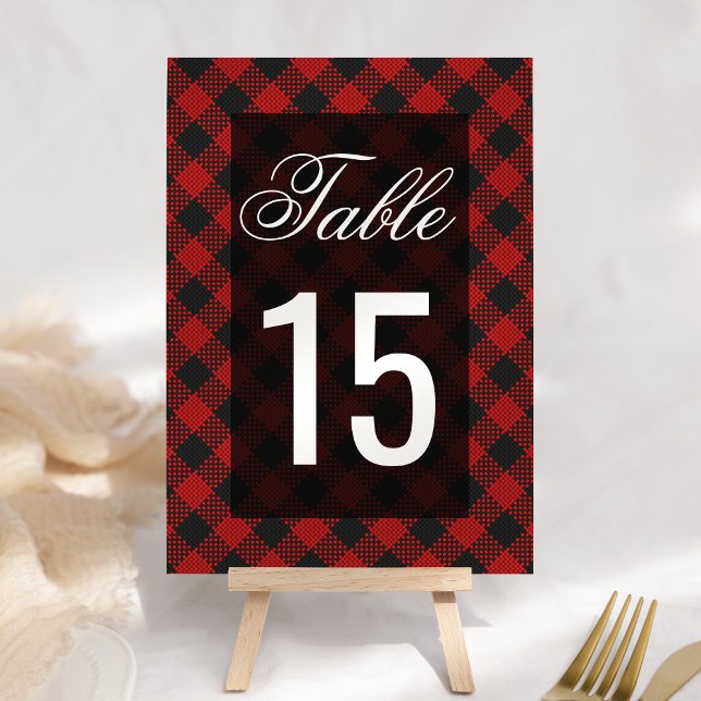 Modern Red Buffalo Plaid Wedding Table Number (Creator Uploaded)