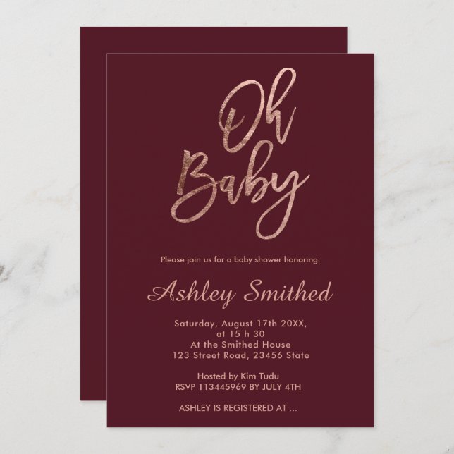 Modern red burgundy fall chic Oh baby shower Invitation (Front/Back)