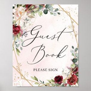 Modern red burgundy floral gold guest book sign