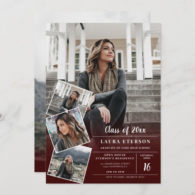 Modern red burgundy minimalist photo graduation invitation (Front/Back)
