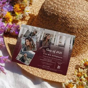 Modern red burgundy minimalist photo graduation invitation