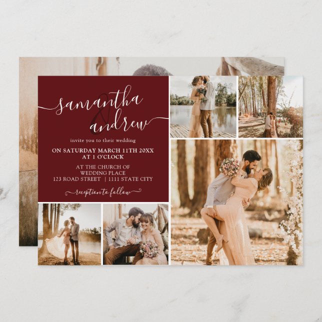 Modern red burgundy script 6 photos wedding invitation (Front/Back)