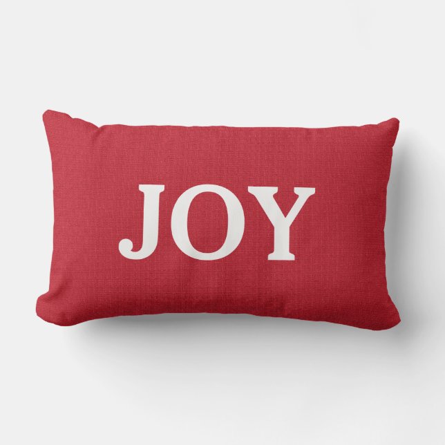Modern red burlap custom JOY script holiday Lumbar Cushion (Front)