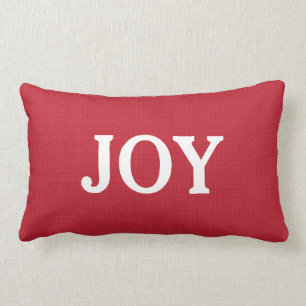 Modern red burlap custom JOY script holiday Lumbar Cushion