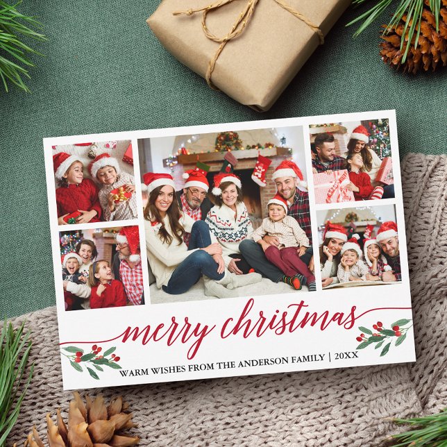 Modern Red Calligraphy 5 Photo Family Christmas Holiday Card (Customize to add text or more photos to back of card.)